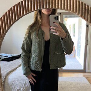 A by Anthropologie Floral Quilt Bomber Jacket | Green/Floral S